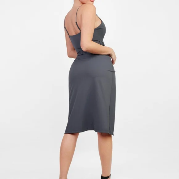 Built-In Shapewear Slip V-Neck Split Midi Dress - Picture 3 of 6